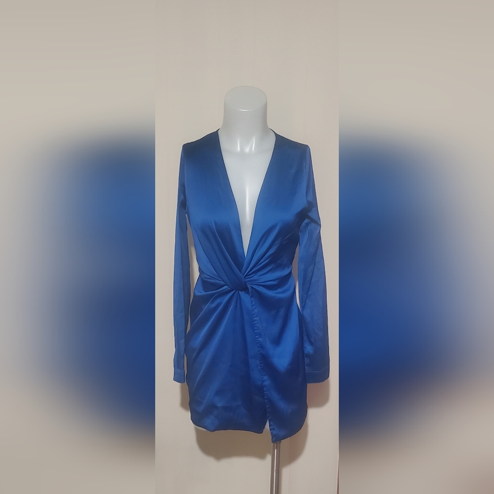 Fashion Nova Cobalt Satin Deep-V Twist Mini Dress
